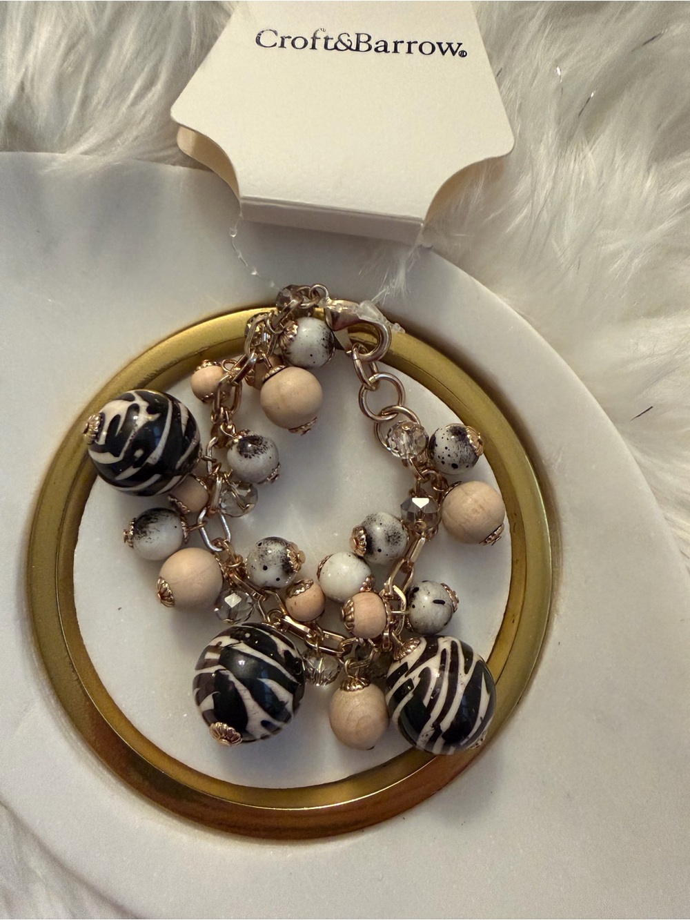 Black, White and Beige Bead Charm Bracelet